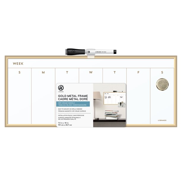 Framed Dry Erase Weekly Calendar, Gold 7.5" X 18" by U Brands Gifts