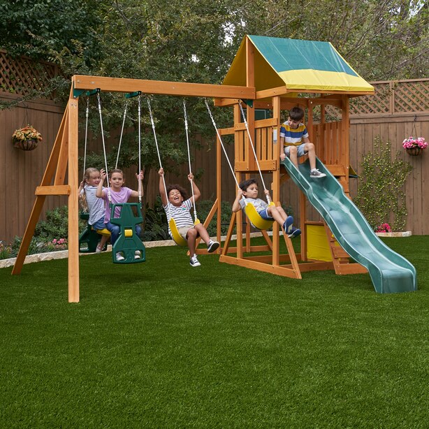 KidKraft Brookridge Wooden Fort Swing Set / Playset with Monkey Bars