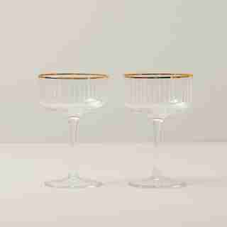 SET OF 2 RIBBED COUPE GLASSES GOLD RIM