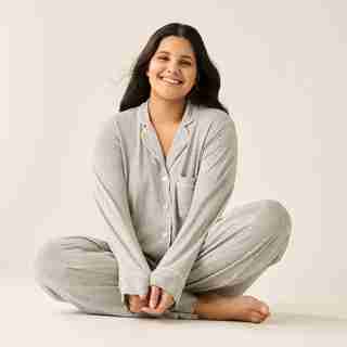 PIPED PAJAMA PANT SET, HEATHER GREY LARGE