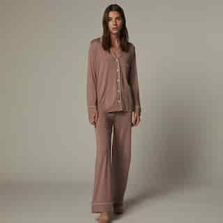 PIPED PAJAMA PANT SET, MINK SMALL