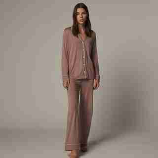 PIPED PAJAMA PANT SET, MINK LARGE