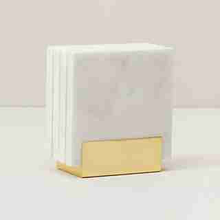 SET OF 4 MARBLE COASTERS WITH BRASS CADDY, WHITE