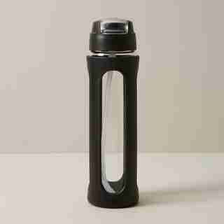 GLASS WATER BOTTLE WITH SILICONE SLEEVE, BLACK