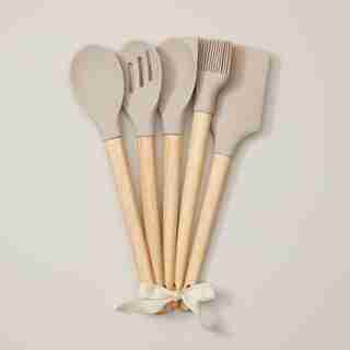 SET OF 5 WOOD & SILICONE KITCHEN UTENSILS