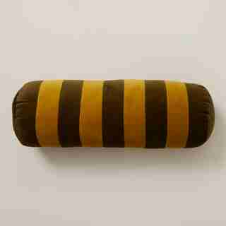PIECED VELVET STRIPED BOLSTER, OLIVE 18"