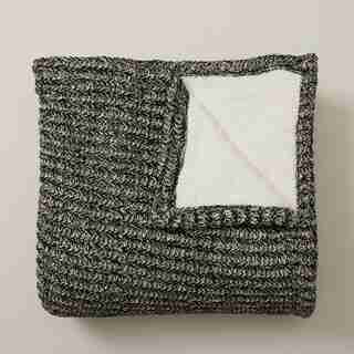 RECYCLED KNIT SHERPA BACKED THROW BLANKET, ONYX