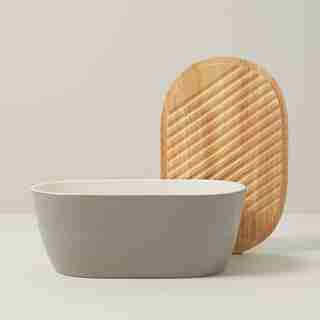 STONEWARE BREAD BOX WITH CUTTING BOARD LID, SAHARA