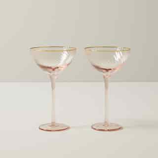 SET OF 2 SWIRL COUPE GLASSES PINK WITH GOLD RIM