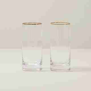 SET OF 2 RIBBED HIGHBALL GLASSES, GOLD RIM