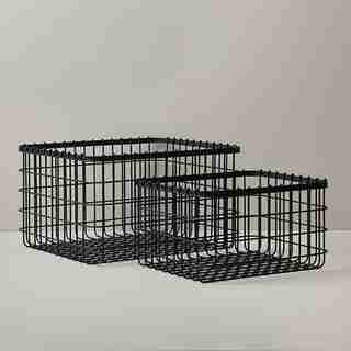 SET OF 2 RECTANGULAR WIRE STORAGE BASKETS, BLACK