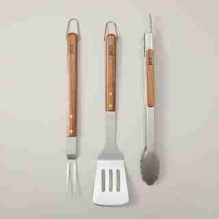 Set of 3 Wooden Handle Grilling Tools with Cotton Bag