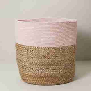 LARGE JUTE CYLINDER STORAGE BASKET, PINK