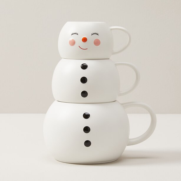 SET OF 3 SNOWMAN STACKING MUGS, WHITE