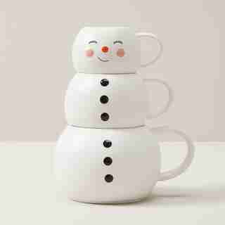 SET OF 3 SNOWMAN STACKING MUGS, WHITE
