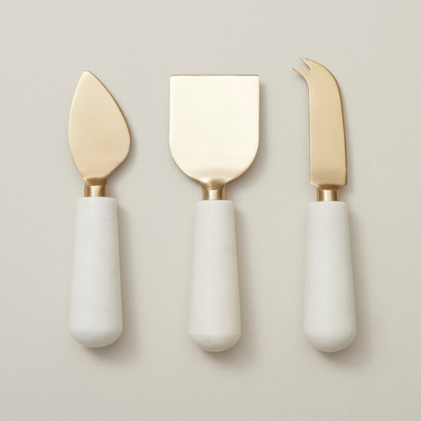 CHEESE KNIVES, WHITE MARBLE/BRASS, SET OF 3 by Indigo Gifts www
