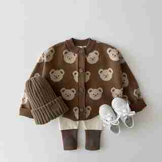 Bear Jacquard Cardigan, Medium (3-4 years) Brown