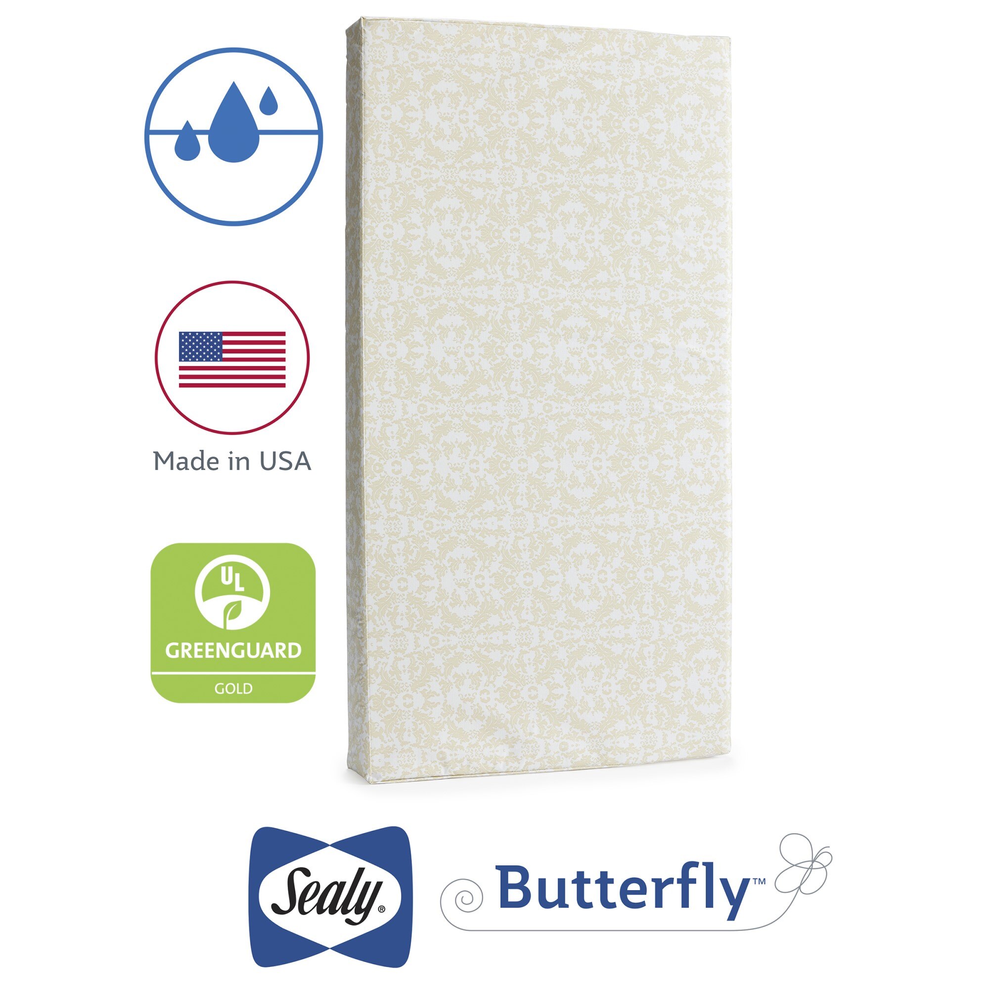 Sealy Butterfly Waterproof Crib Mattress-In-A-Box | Indigo