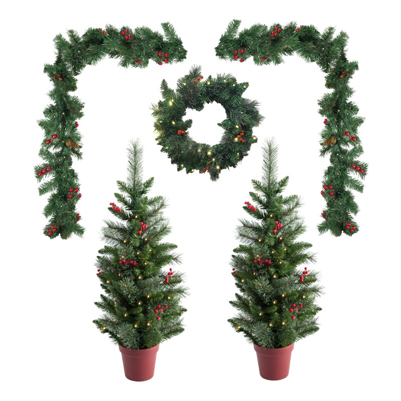 SET OF 5 PRELIT PINE DECORATIONS 2 POTTED TREES, 1 WREATH AND 2