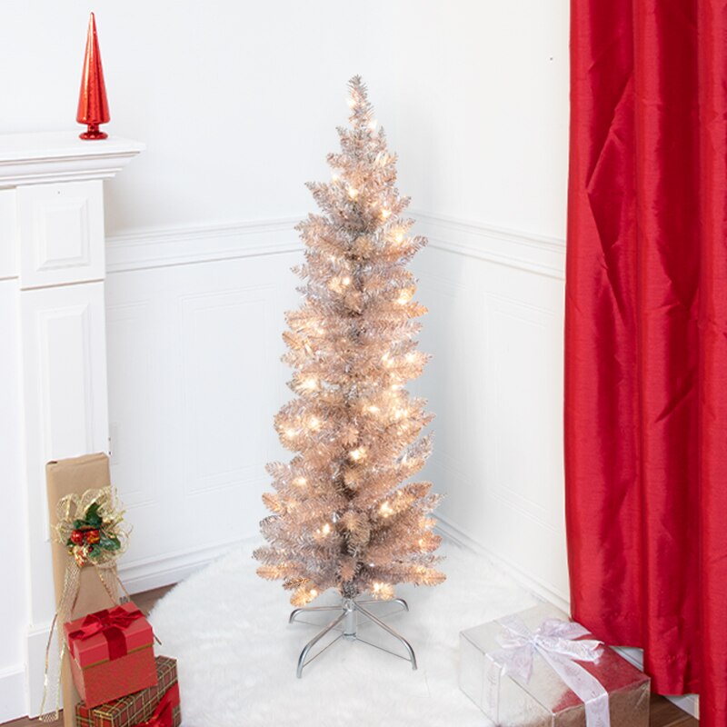 4FT ROSE GOLD TINSEL SLIM TREE WITH 50 LIGHTS Indigo