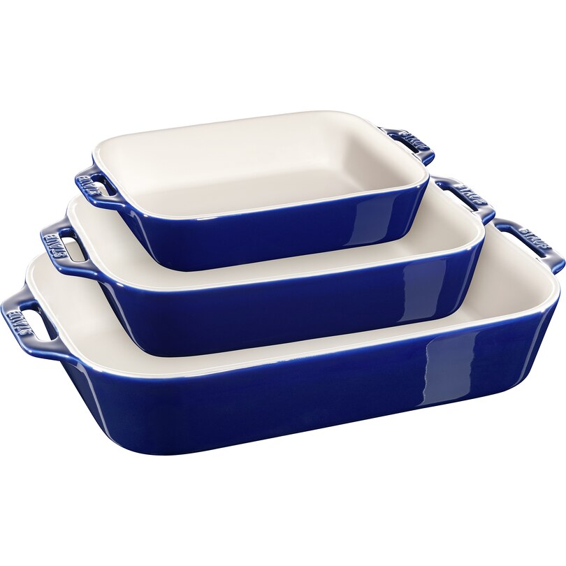Ceramic Rectangular Baking Dish Set, Blue, Set Of 3 Indigo