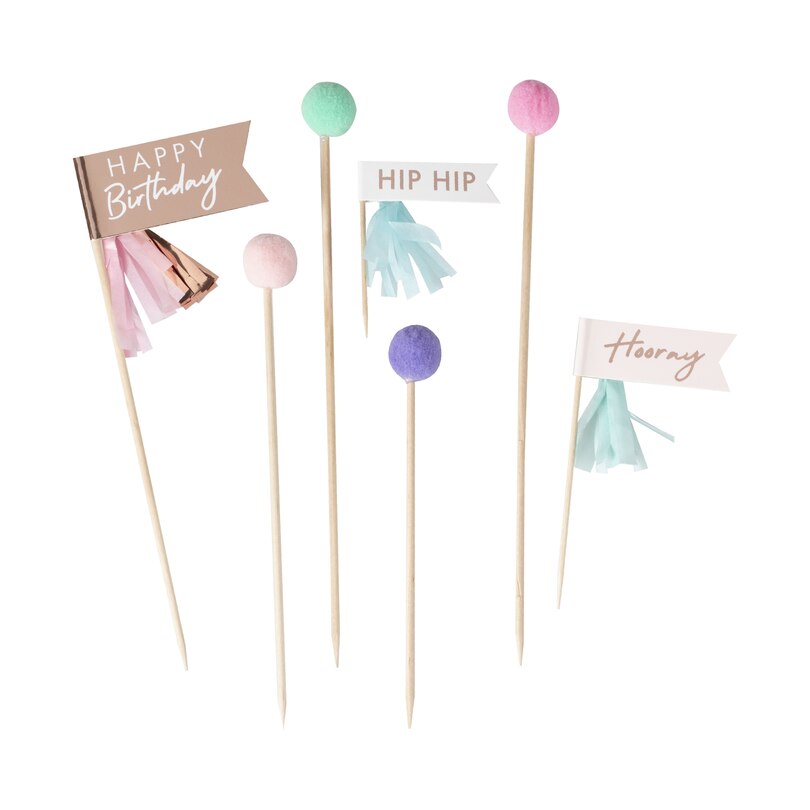 Cake Topper, Happy Birthday Pom Poms And Flags (English), Pastel image number 1