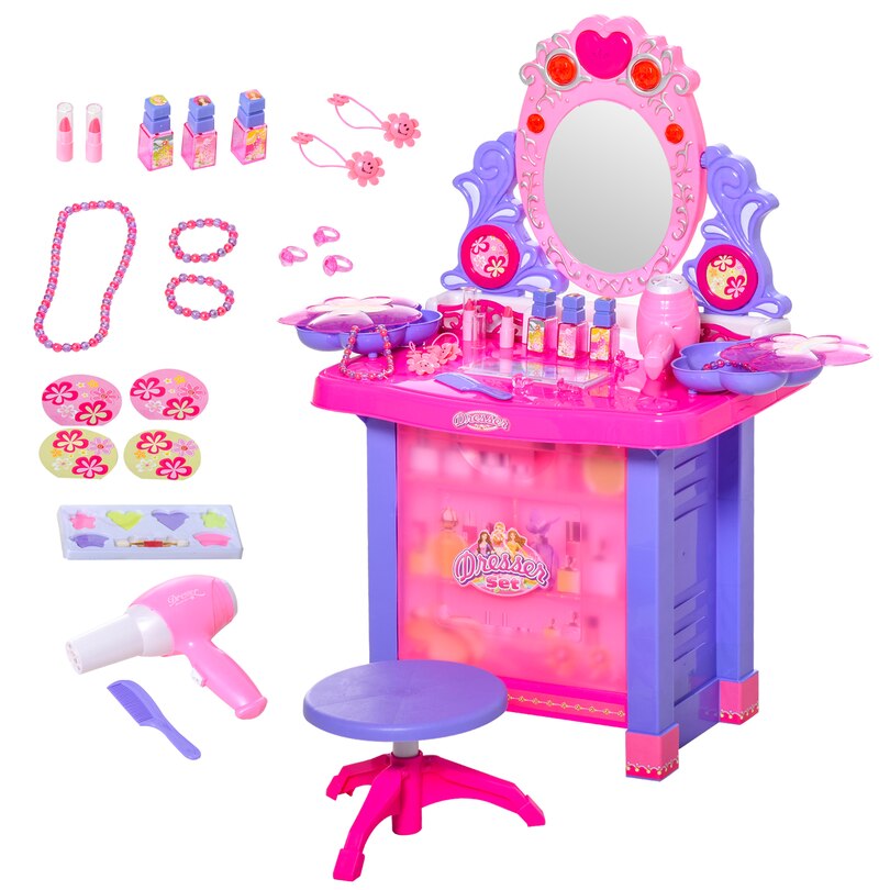 Kids Vanity Table & Stool Pretend Playset Dressing Table Set with