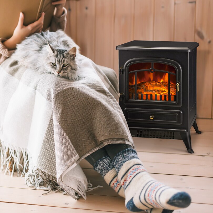16 Freestanding Electric Fireplace Heater Fire Stove with Wood Burning  Flame 750/1500W Black | Indigo