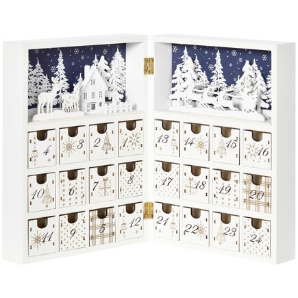 Wooden Christmas Advent Calendar Book with 24 Countdown Drawers, White