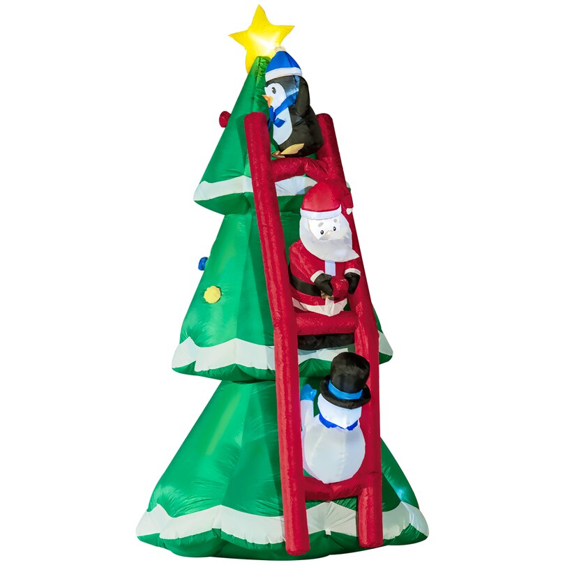 Inflatable Christmas Tree with Santa Claus, Penguin and Snowman on Ladder, BlowUp Outdoor LED