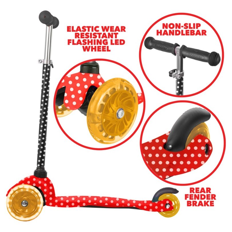 Rugged Racer Mini Deluxe 3Wheel Scooter with LED Lights and Red Polka