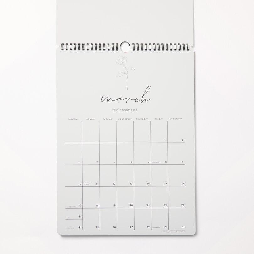2024 12-month Vertical Spiral Wall Calendar, Black & White Floral Line Art image number 2