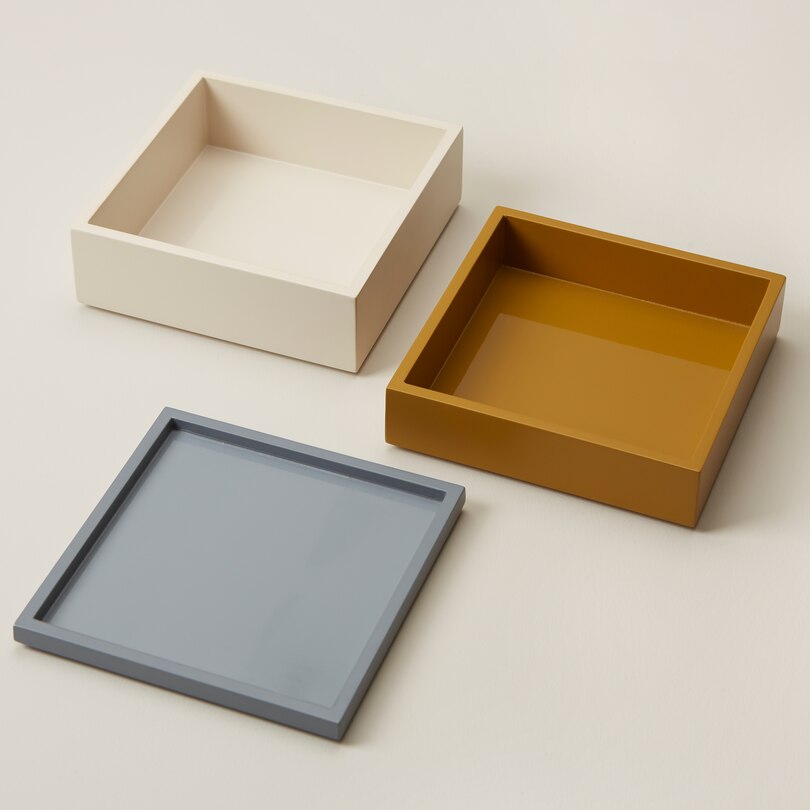 Set Of 3 Square Lacquer Trays, Warm Tones Indigo